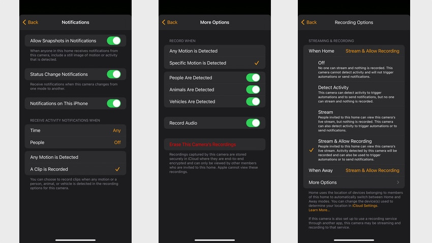 Apple HomeKit Secure Video app settings