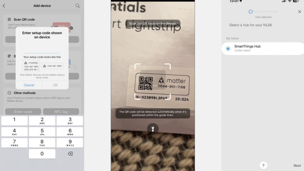 adding a Matter device to SmartThings with QR code