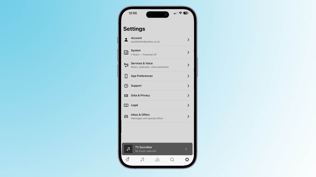 Sonos app main settings menu