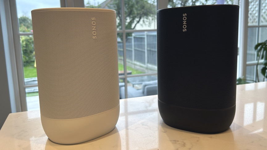 White Sonos Move 2 and Sonos Move 1st-gen side by side
