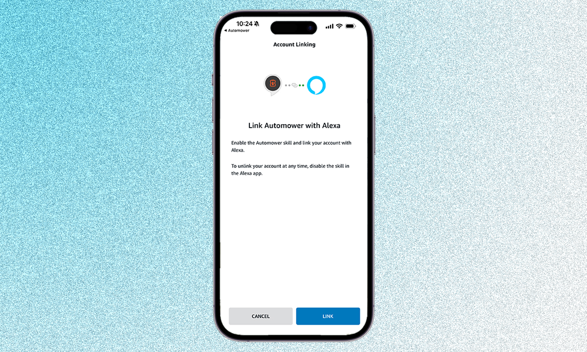 Aplicación Husqvarna Automower Connect en iPhone que muestra la vinculación de Alexa