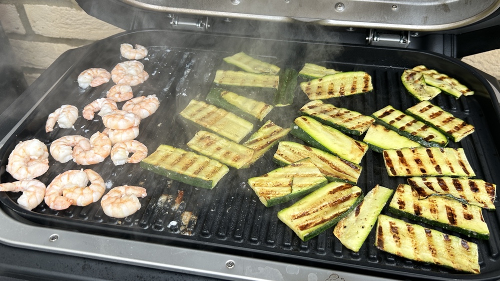 Ninja Woodfire Pro XL grilling courgette and prawns